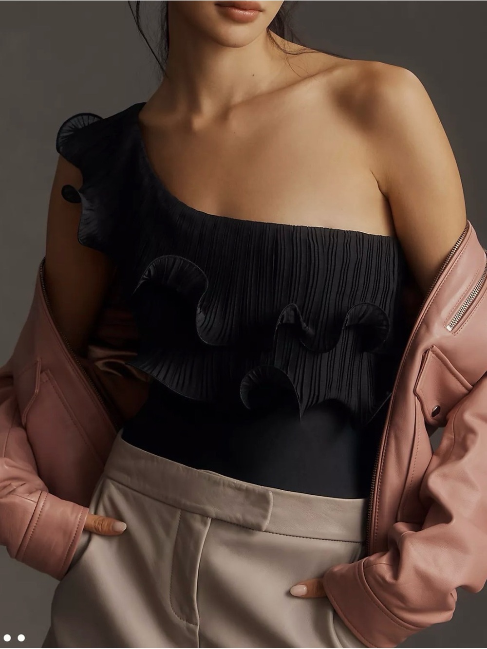 New Anthropologie Black One-Shoulder Ruffled Camisole